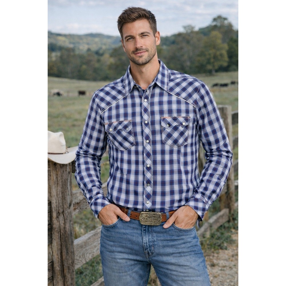Rock & Roll Denim Mens Size Medium‎ Navy Plaid cowboy button down pearl snap New